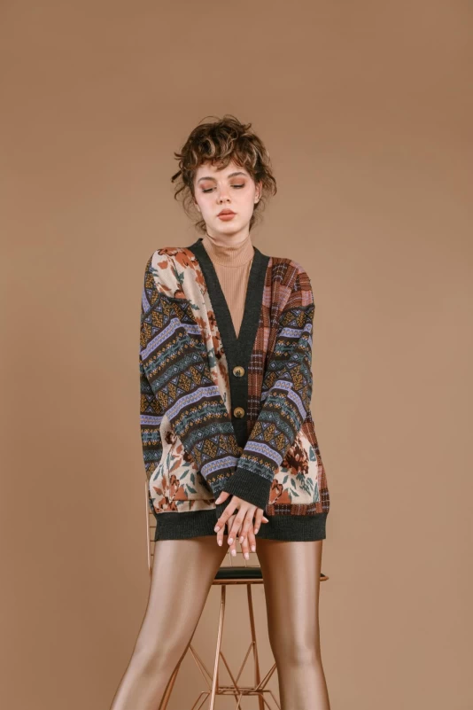 Antrasit Karışık Blok Desenli Hırka ve Vizon Tayt