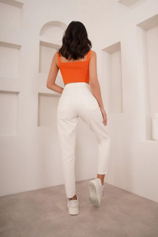 Ekru Yüksek Bel Mom Jean