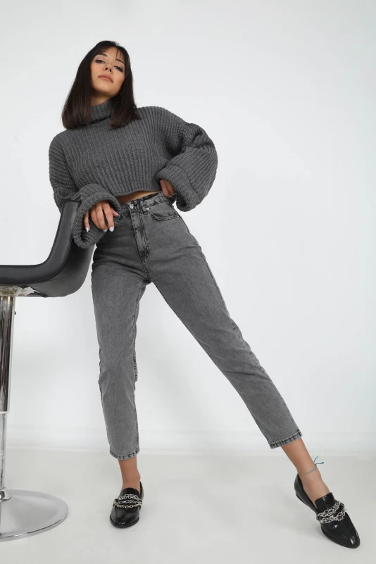 Gri Yüksek Bel Mom Jean