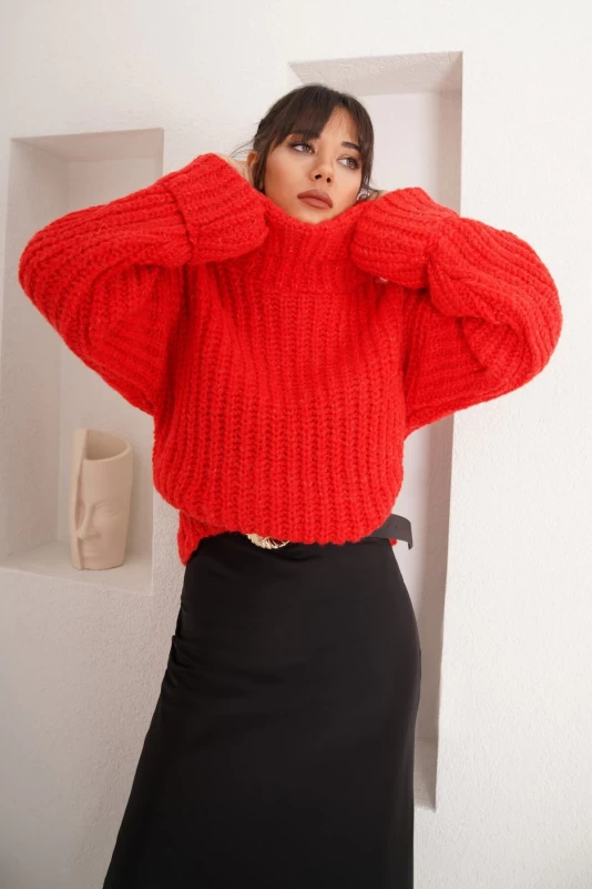 Kırmızı Boğazlı Kazak ve Siyah Saten Elbise