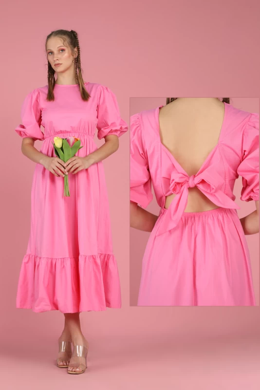 Pembe Sırttan Bağlamalı Poplin Elbise