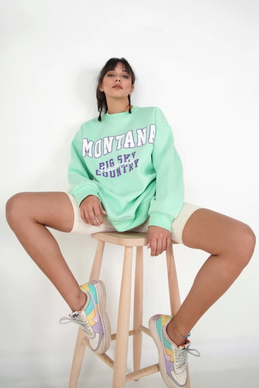 Fıstık Yeşili MONTANA Sweatshirt ve Krem Biker Tayt