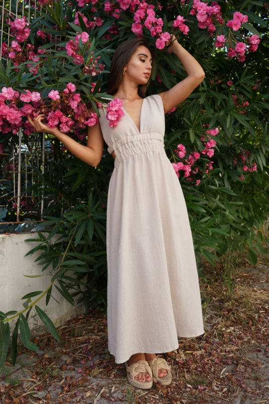Bej Askılı Keten Elbise