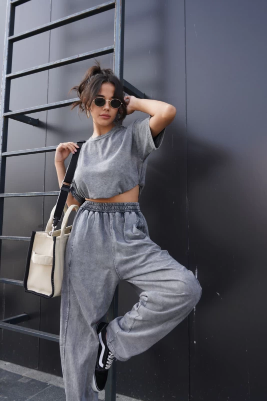 Füme Şalvar Yıkamalı T-Shirt Takım