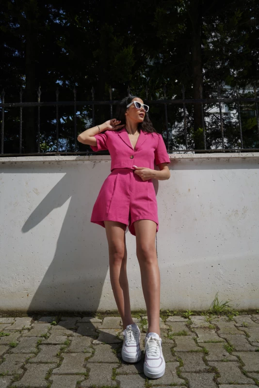 Fuşya Keten Şort Takım