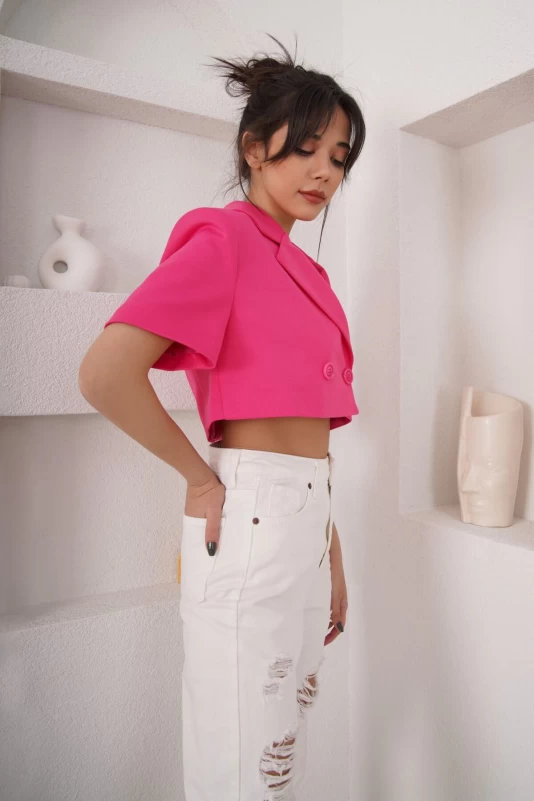 Fuşya Kısa Kollu Crop Ceket