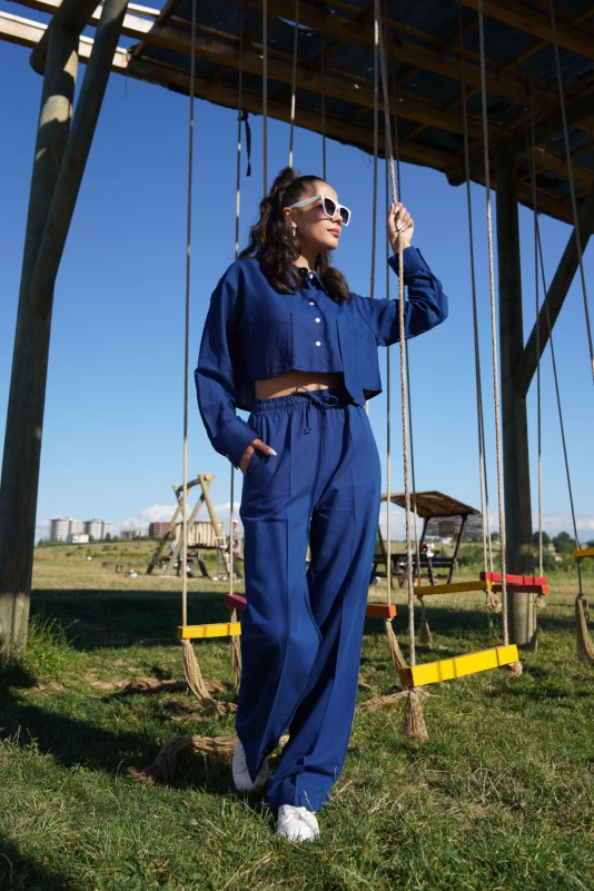 Lacivert Keten Gömlek Takım