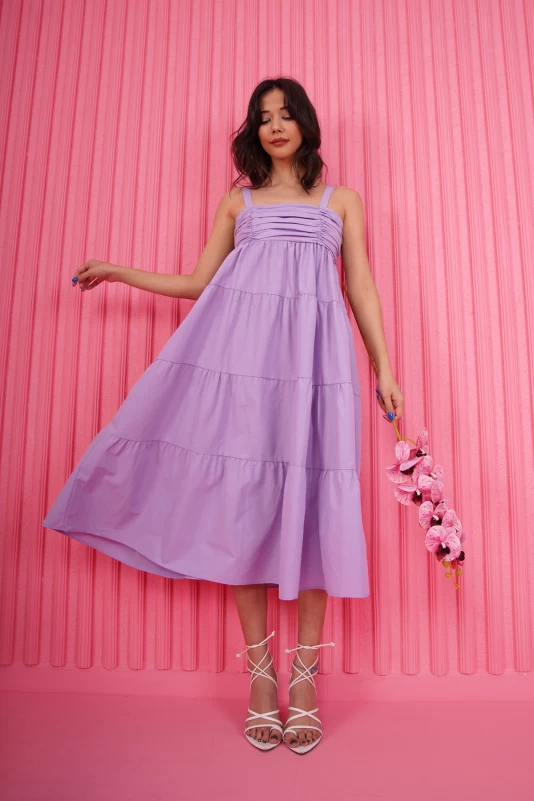 Lila Bölmeli Poplin Elbise