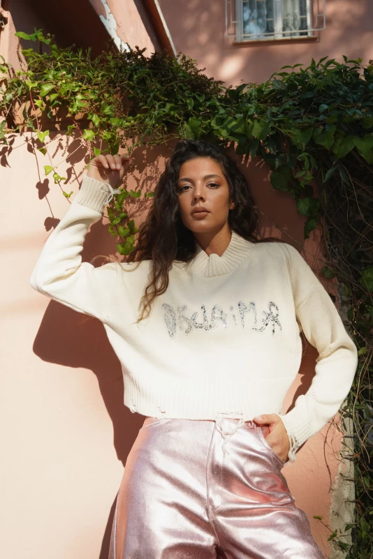 Pembe Parlak Palazzo Jean, Ekru Taş Detaylı Triko Kazak