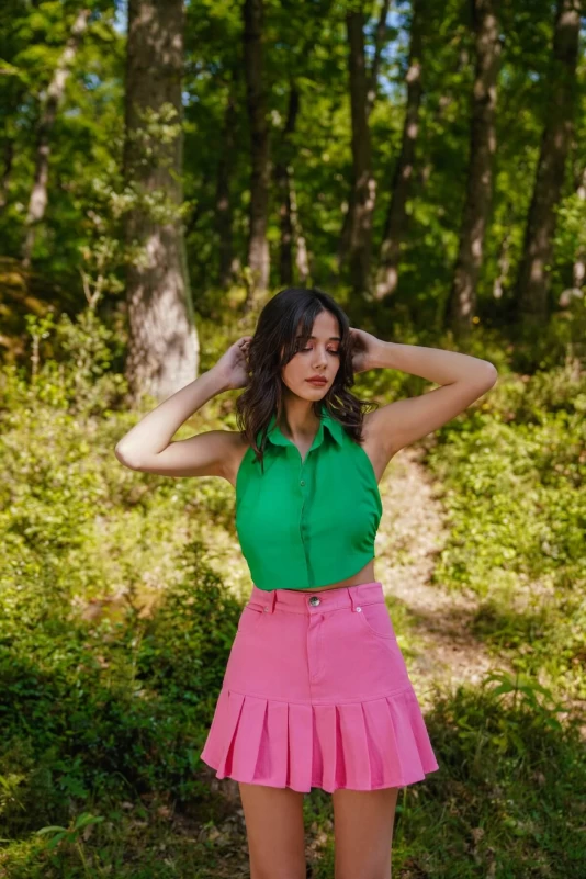 Pembe Pileli Kot Etek