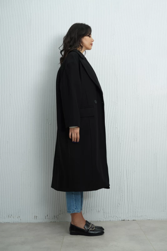 Siyah Kaşe Kaban, Mavi Mom Jean