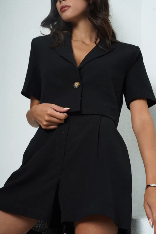 Siyah Keten Şort Takım