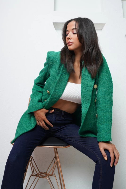 Yeşil Tüvit Ceket, Lacivert Fermuarlı Çift Cepli Pantolon