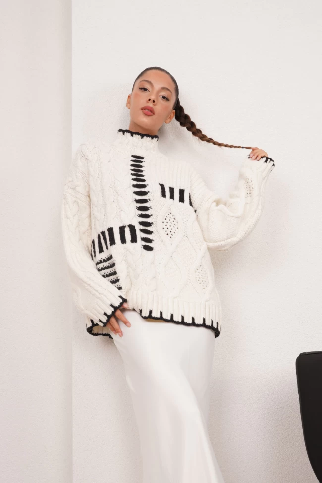 Ekru Örgü Desen Kazak