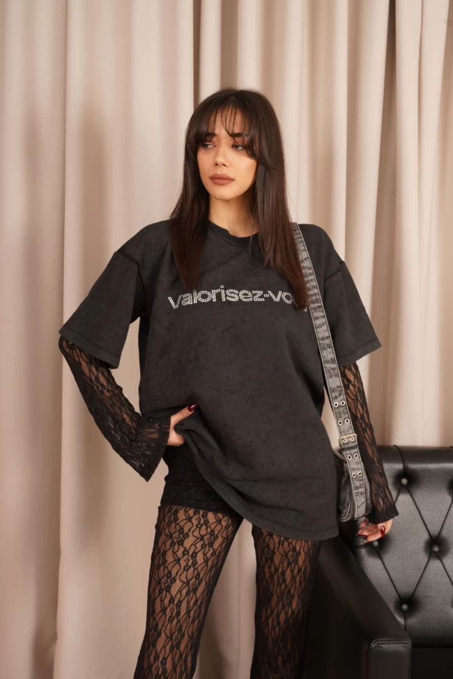 Siyah T-Shirtlü Dantel Takım