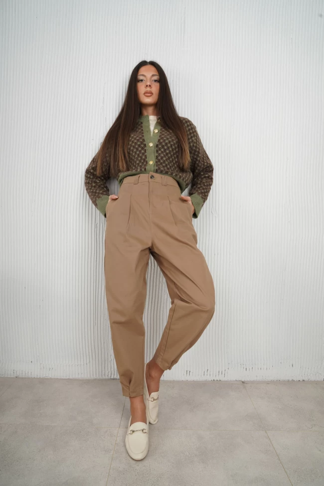 Camel Orj Model Paçası Çıtçıtlı Gabardin Pantolon, Kahverengi Desenli Hırka