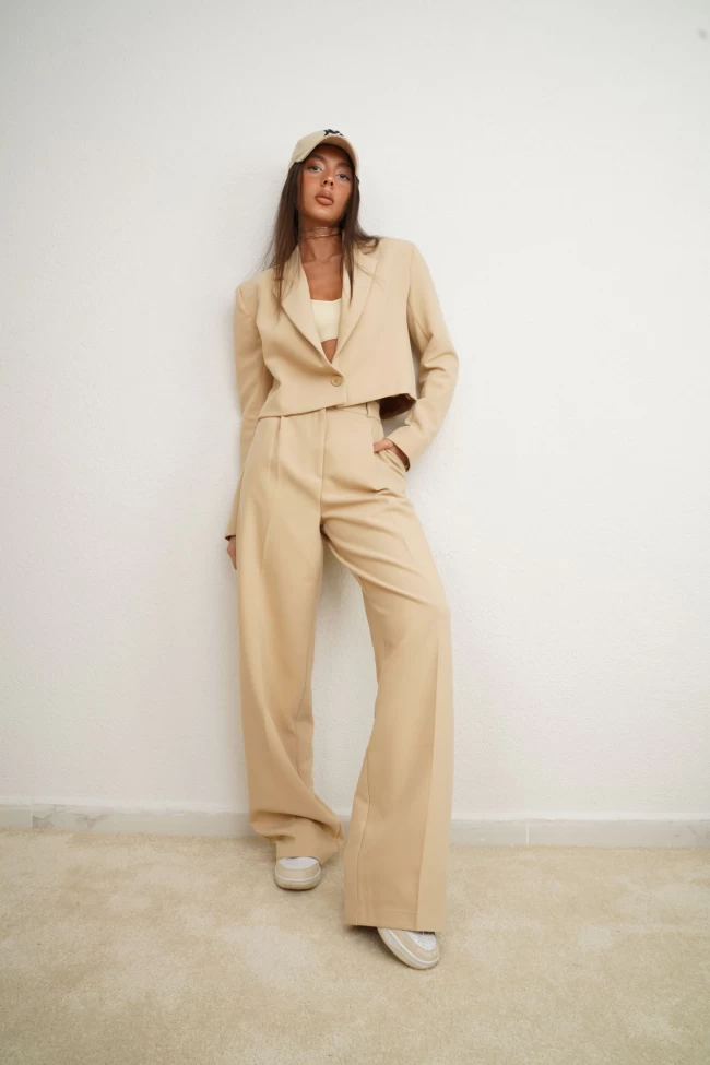 Bej Palazzo Pantolon Takım