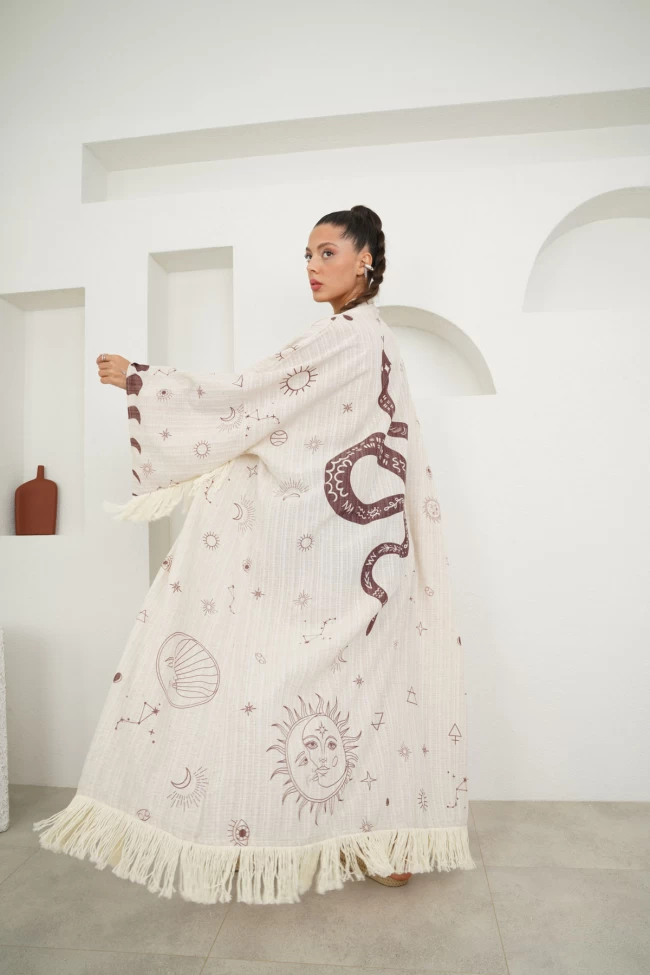 Taş Renk Minimal Desen Kimono