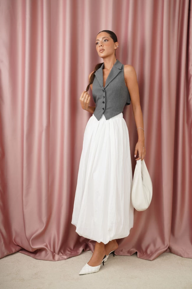 Beyaz Uzun Balon Etek, Antrasit Bel Detaylı Yelek