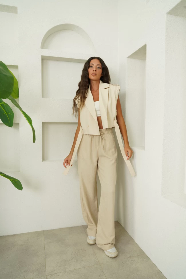 Bej Beli Lastikli Pantolon