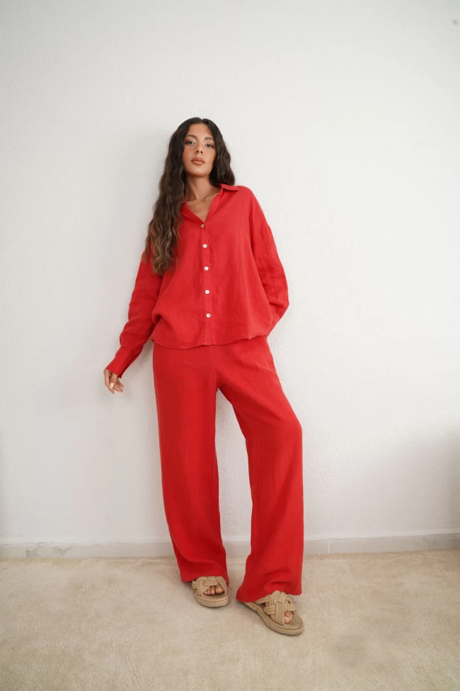 Kırmızı Keten Gömlek Takım