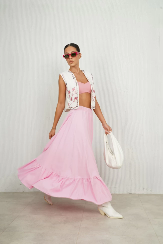 Ekru İşlemeli Keten Yelek, Pembe Beli Lastikli Etek