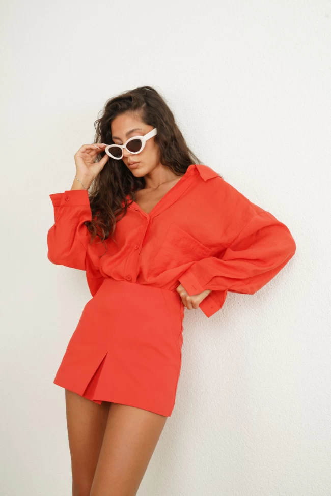 Kırmızı ZR Şort Etek, Kırmızı Oversize Gömlek