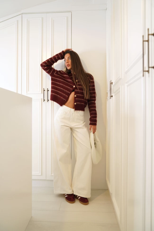 Bordo Çizgili Şardonlu Hırka, Beyaz ZR Baggy Jean