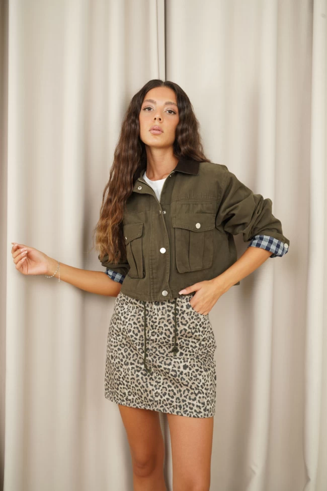 Haki Yaka Detaylı Ceket, Bej Leopar Jean Etek