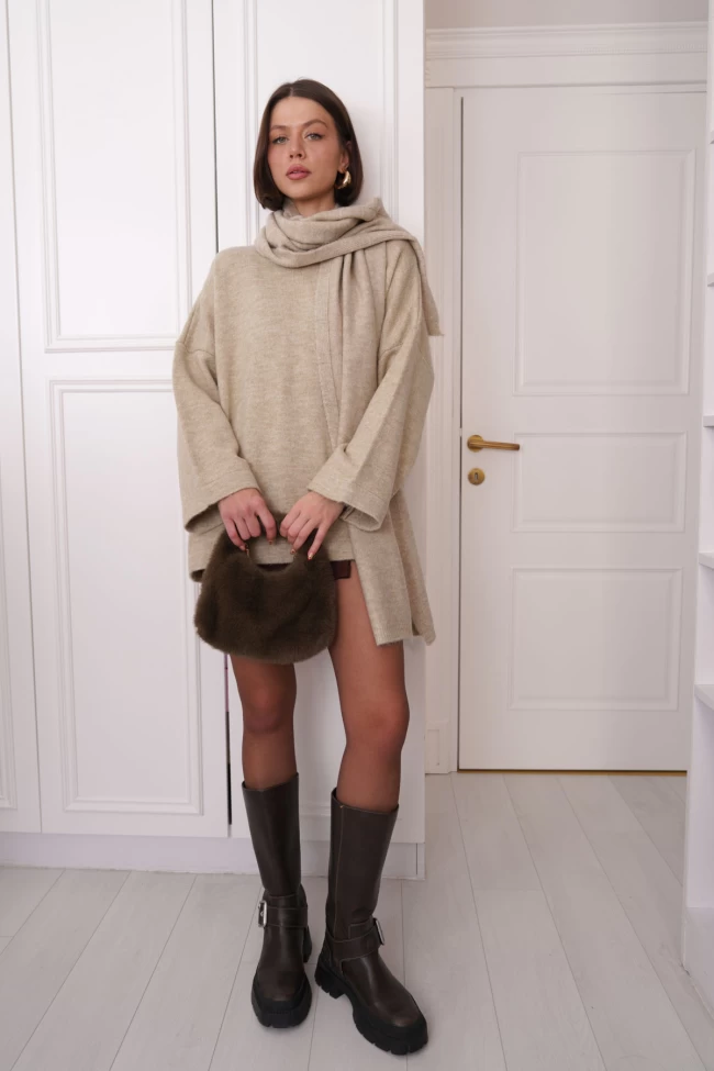 Taş Renk Marka Model Şal Detaylı Kazak