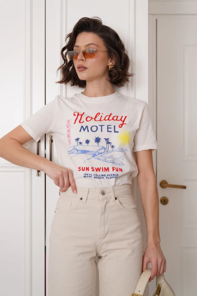 Krem Orj Model Baskılı T-Shirt