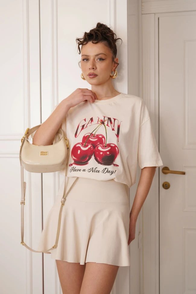 Krem Kiraz Baskılı Oversize T-Shirt, Taş Renk Dalgıç Şort Etek