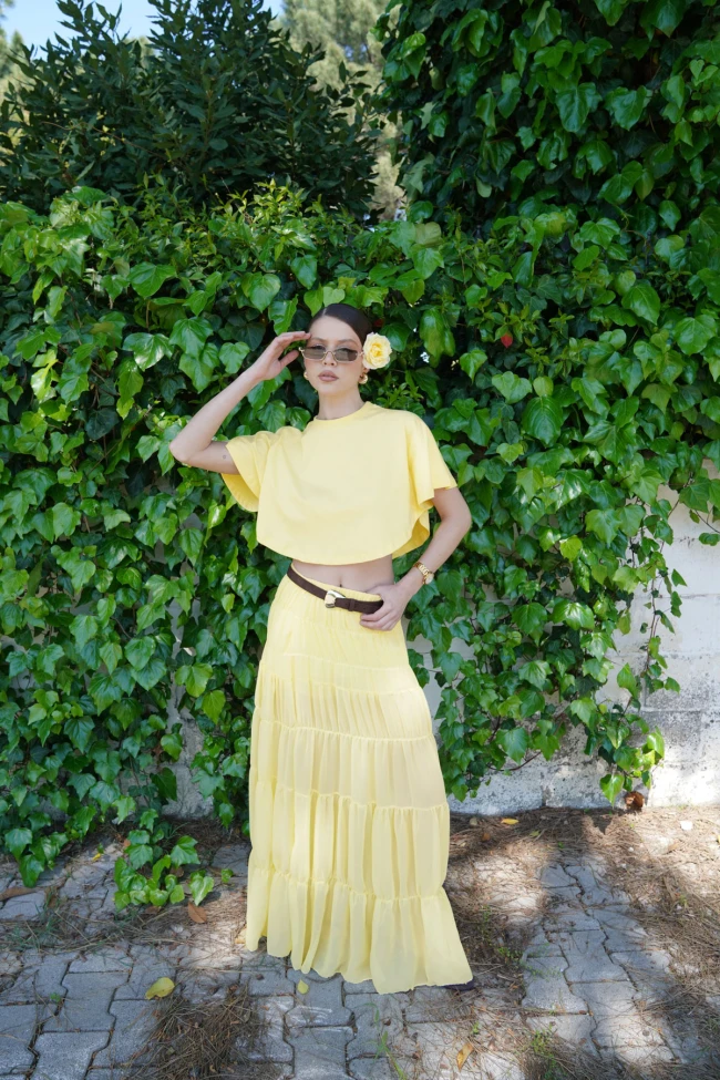 Sarı İçi Şortlu Şifon Etek