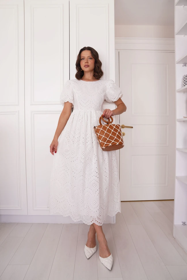 Beyaz Bağamalı Balon Kol Elbise