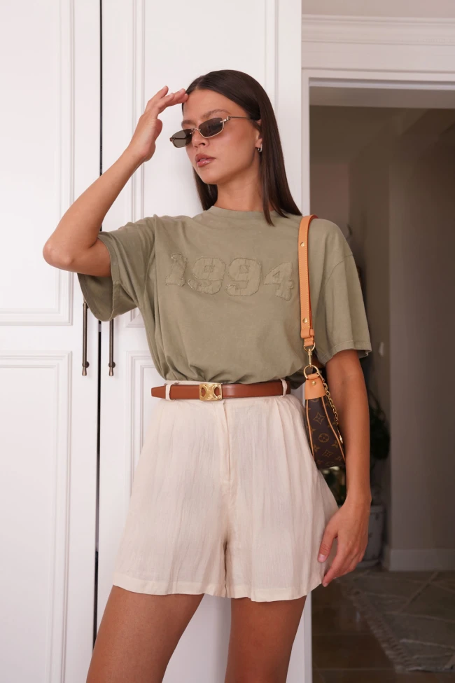 Haki Oversize Eskitme T-Shirt, Bej Premium Keten Şort