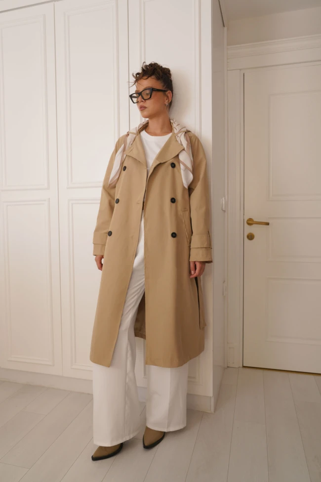 Bej Premium Kalite Fularlı Maxi Trençkot