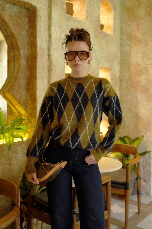 Haki Baklava Desen Kazak