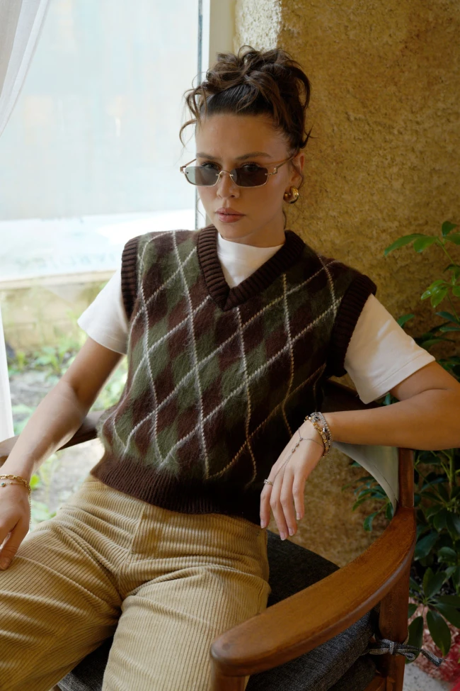 Kahverengi Baklava Desen Süveter