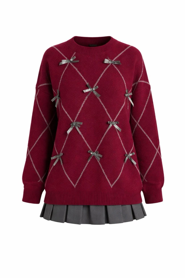 Bordo Kurdele Detaylı Triko Kazak