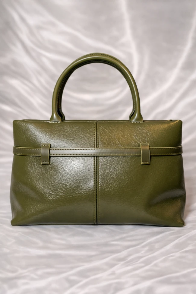 Haki Deri Kemer Detaylı El ve Omuz Çantası