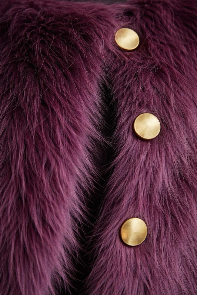 Mürdüm Tavşan Tüyü Düğmeli Kürk