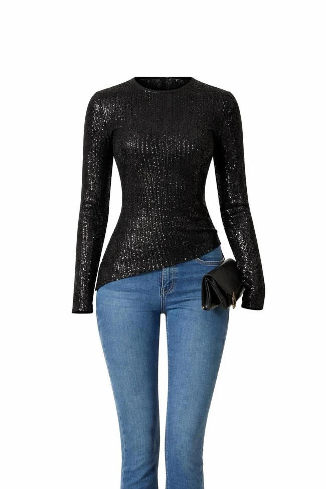 Siyah Payetli Uzun Kollu Bluz