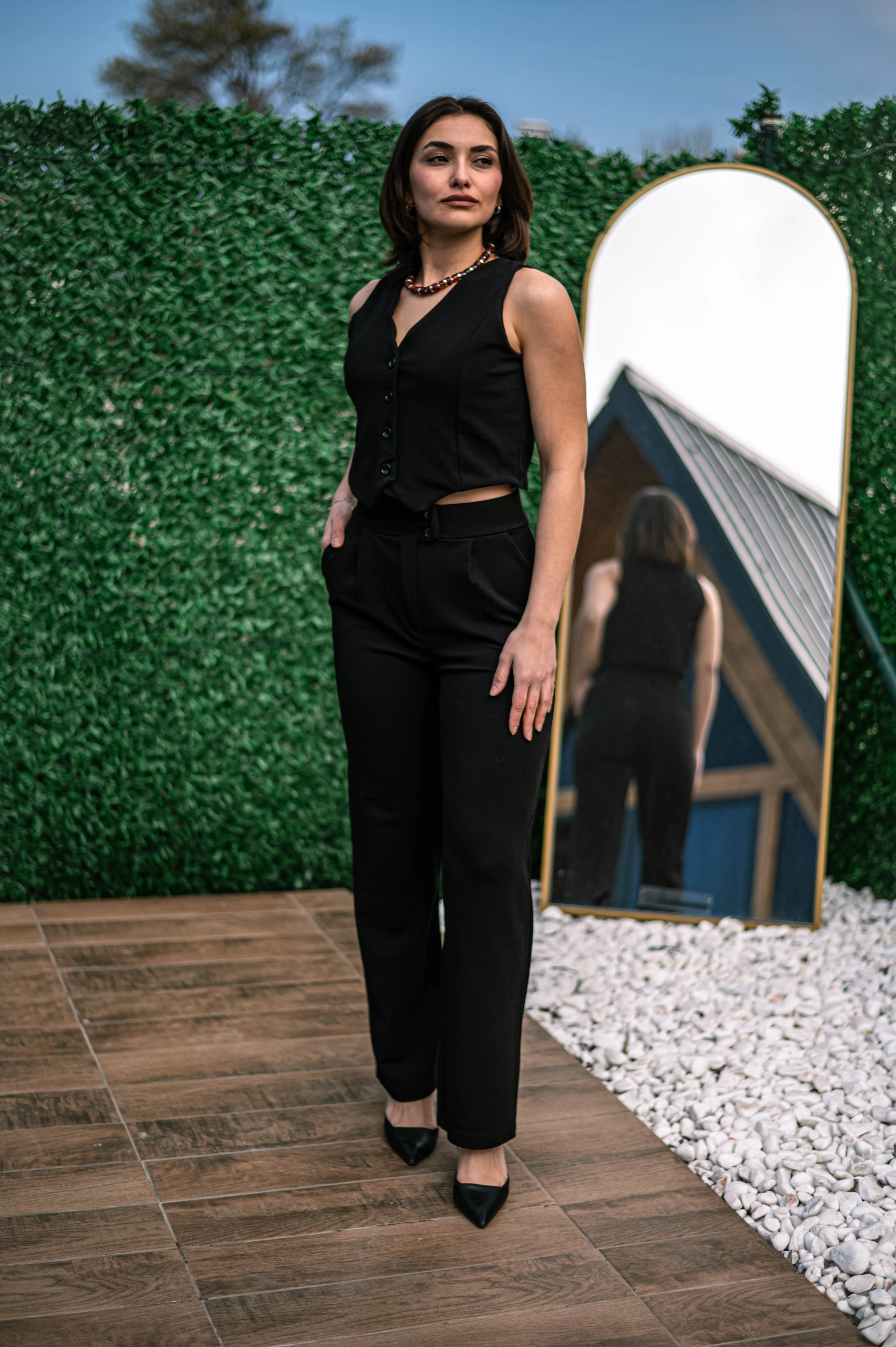 Siyah Krep Kumaş Yelekli Pantolon Takım