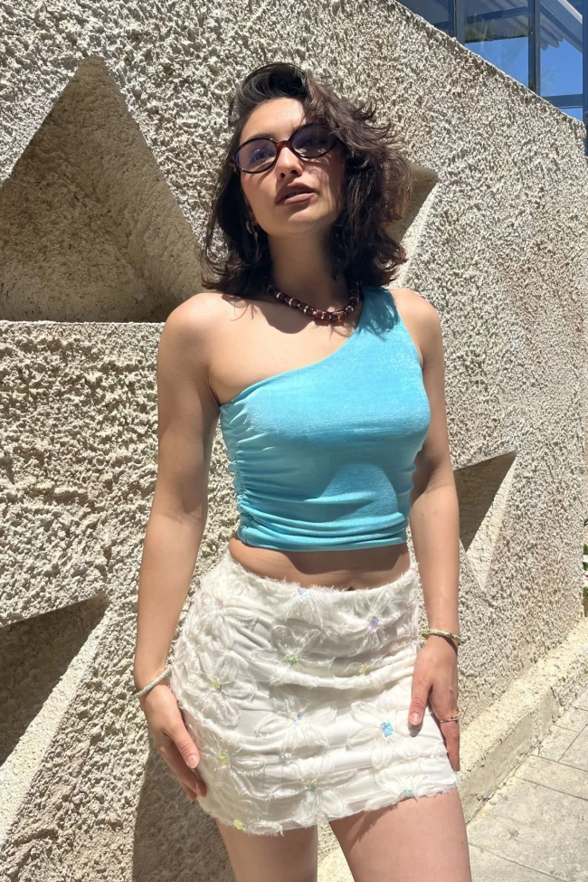 Mavi Tek Omuz Crop Bluz