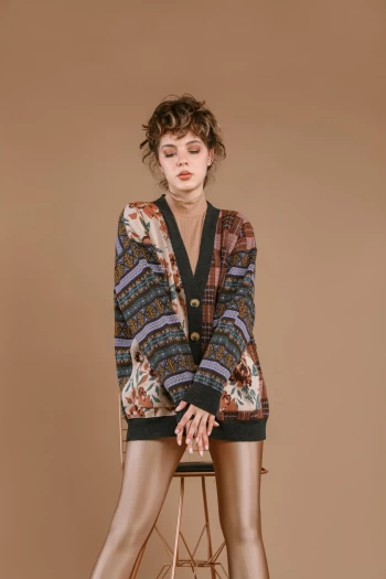 Antrasit Karışık Blok Desenli Hırka ve Vizon Tayt