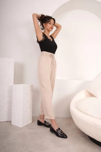 Bej Beli Lastikli Pantolon