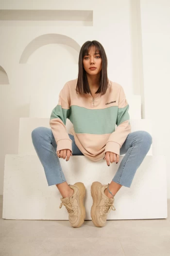 Bej Blok Renkli Sweatshirt