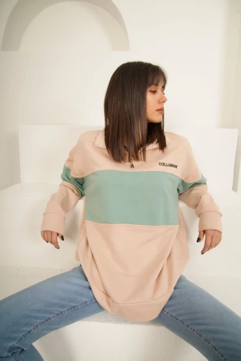 Bej Blok Renkli Sweatshirt
