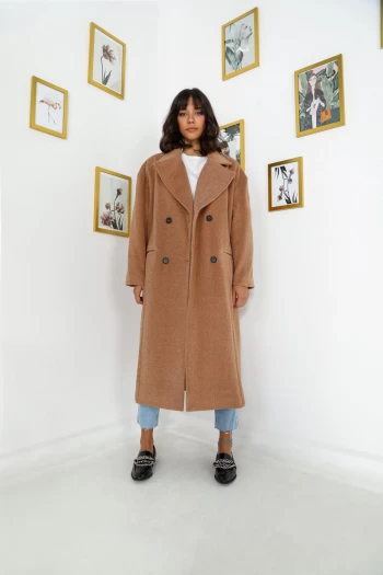 Camel Oversize Kaşe Kaban ve Açık Mavi Kot