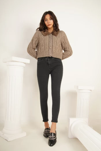 Füme Fermuarlı Çift Cepli Pantolon